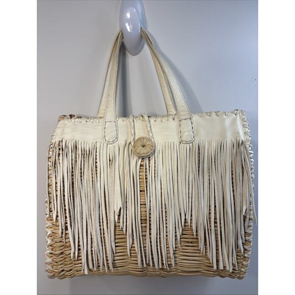 En Shalla Boho Western Coastal Wicker Kid Leather Fringe Woven Basket Tote - Picture 1 of 16